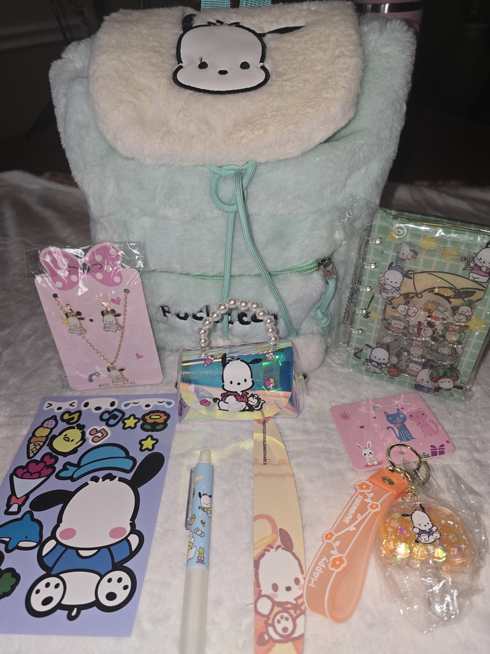 Pochacco Mint Green Plush Backpack & Accessories Aesthetic 8-Piece Bundle Set